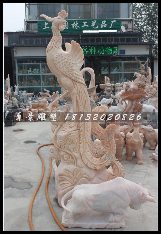 鳳凰石雕，晚霞紅鳳凰雕塑