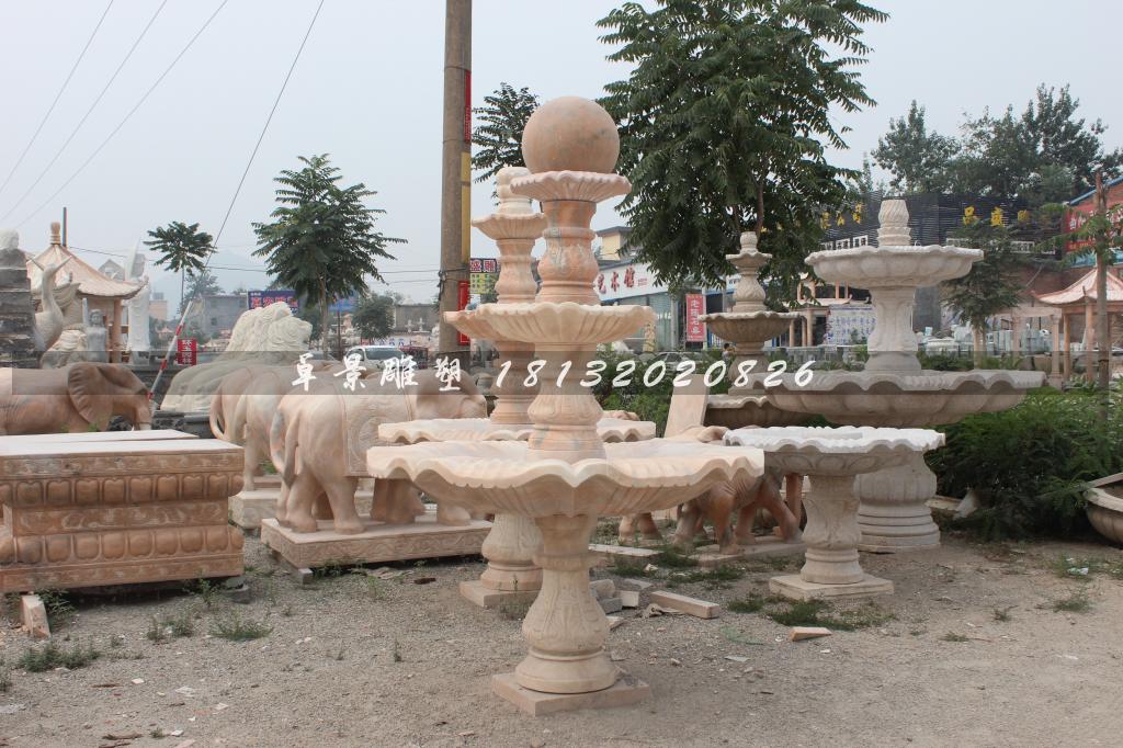 風水球石雕，晚霞紅風水球，三層風水球雕塑