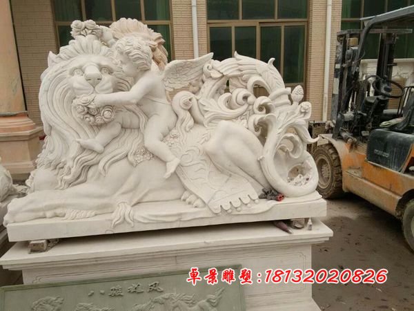 獅子與小天使石雕，漢白玉獅子和小天使雕塑