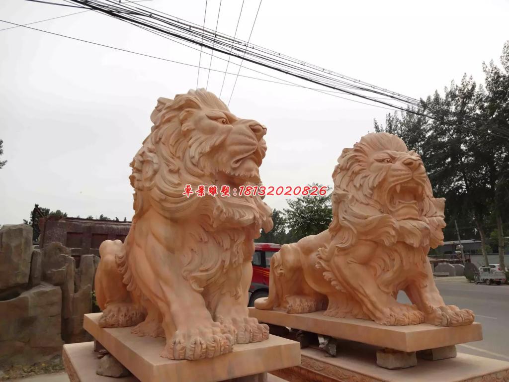 西洋獅石雕，晚霞紅趴著獅子雕塑 (2)