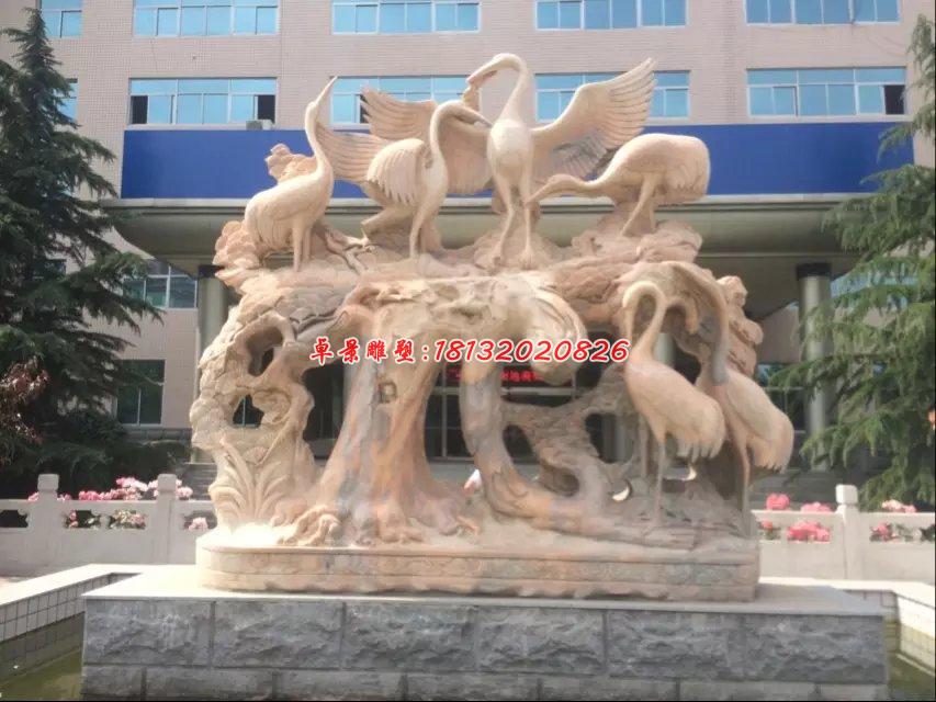 仙鶴石雕，晚霞紅丹頂鶴雕塑