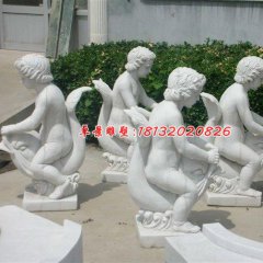 漢白玉人物雕塑，小孩騎魚石雕