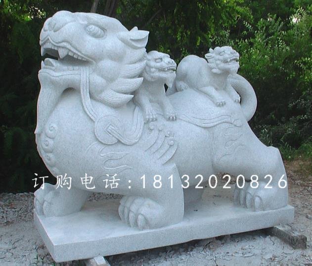 神獸石雕，大理石母子貔貅雕塑