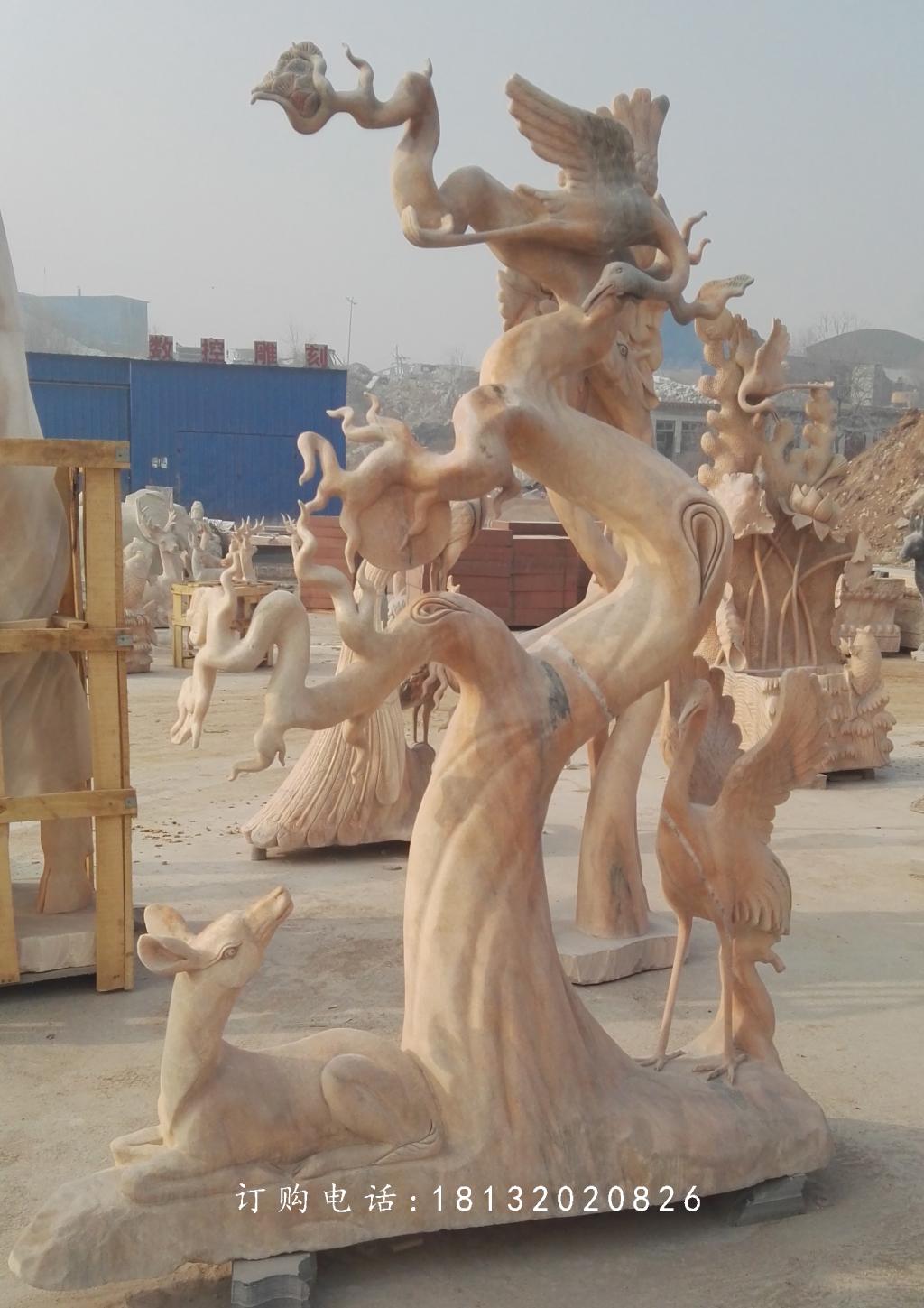 鶴鹿同春石雕，晚霞紅景觀石雕