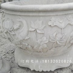 荷花與鳥花盆雕塑，水缸石雕