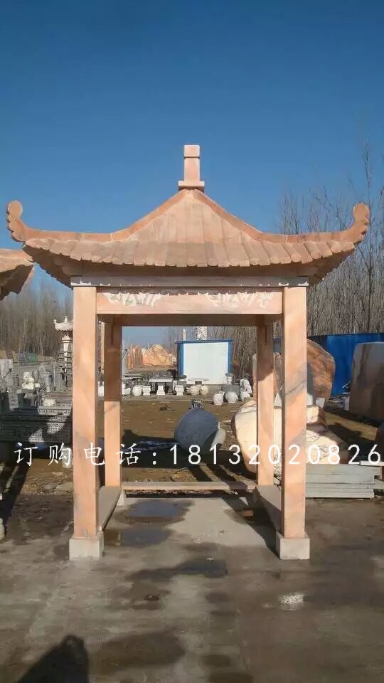 石方亭雕塑，晚霞紅石雕涼亭