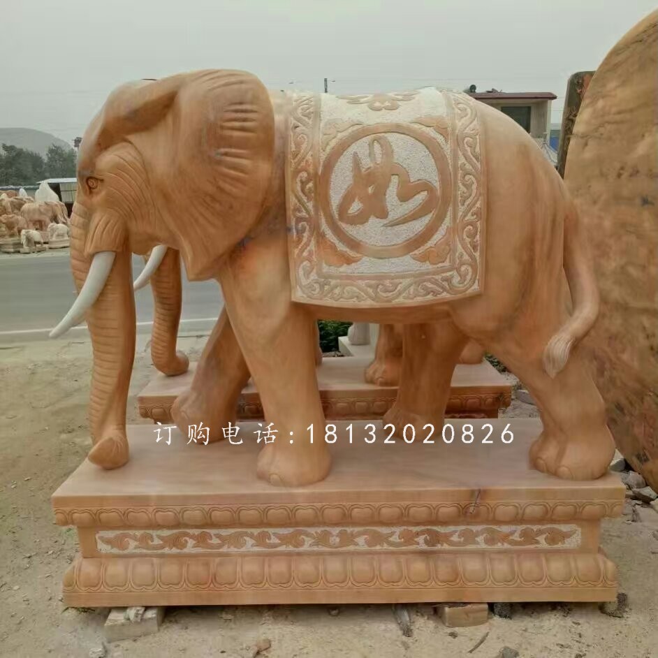 吉祥如意大象雕塑，晚霞紅石雕象 (4)