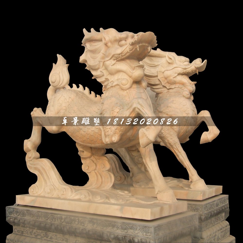 麒麟踏云石雕，晚霞紅麒麟石雕