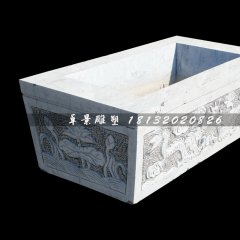 雙龍戲珠石浮雕水缸，方形水缸石雕
