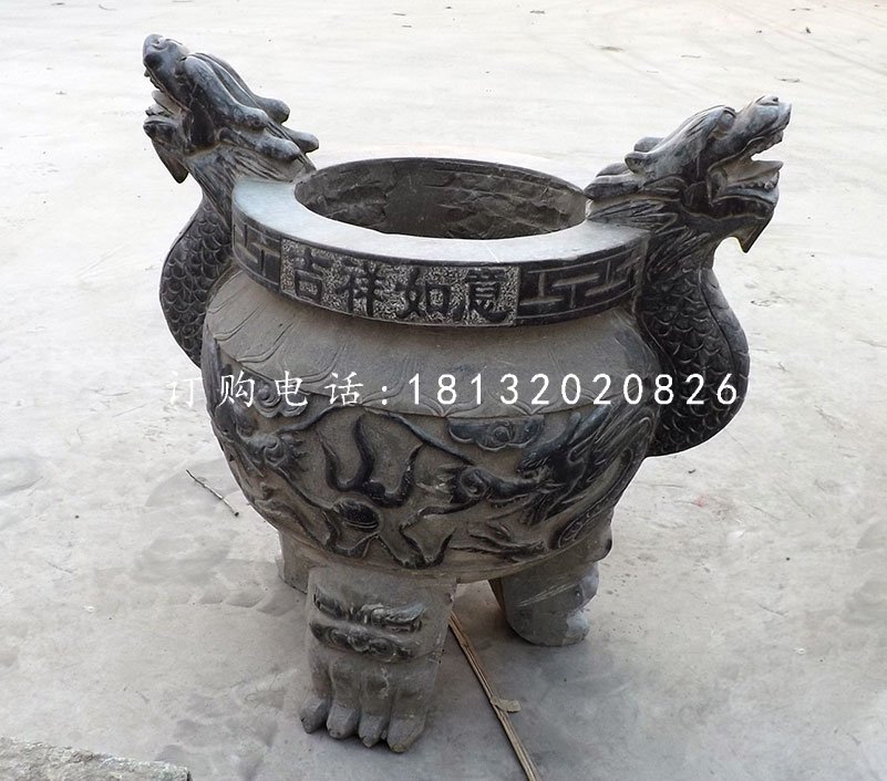 三足香爐石雕，青石圓形香爐