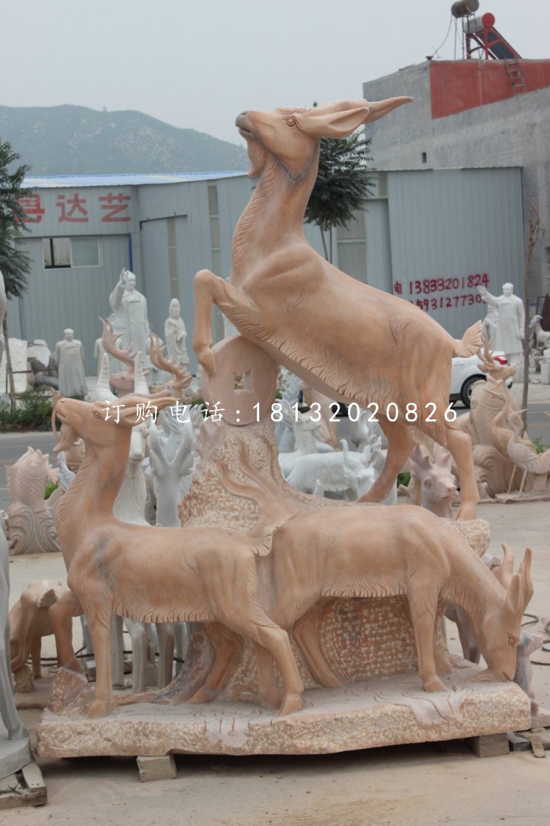 招財羊石雕，晚霞紅三陽開泰石雕