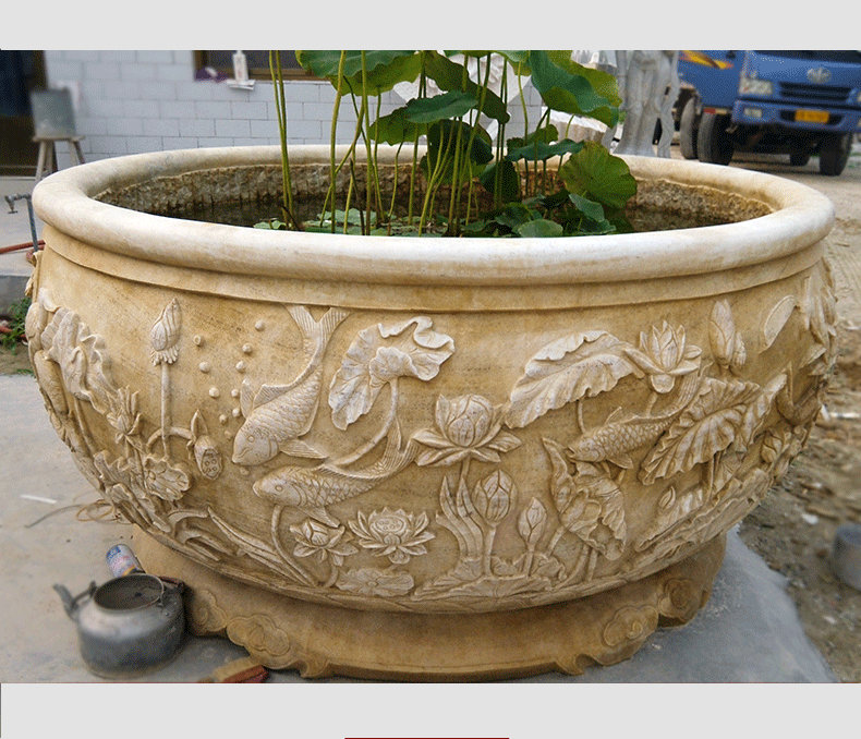 晚霞紅富貴有余浮雕魚缸，庭院景觀石雕