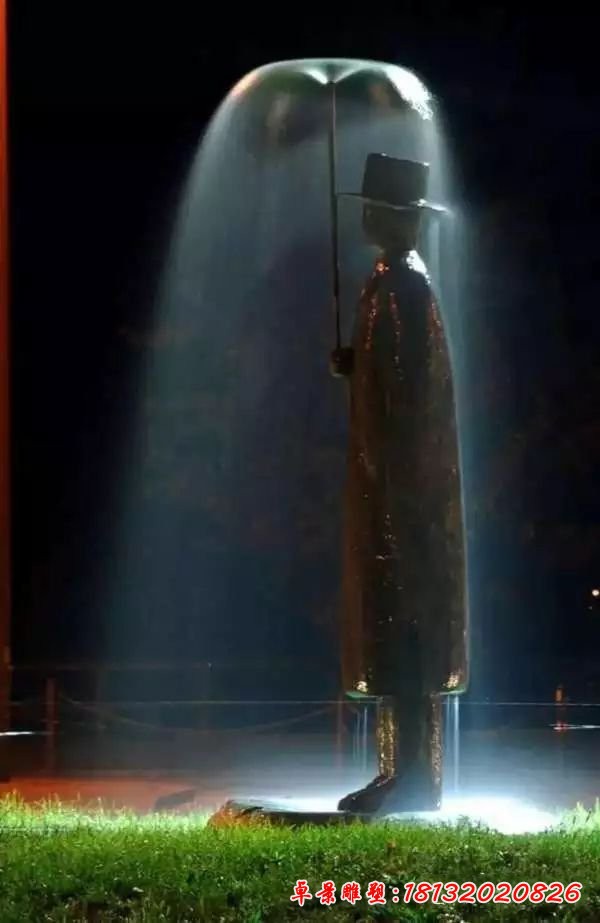 打著傘的男人雕塑，銅雕人物雕塑