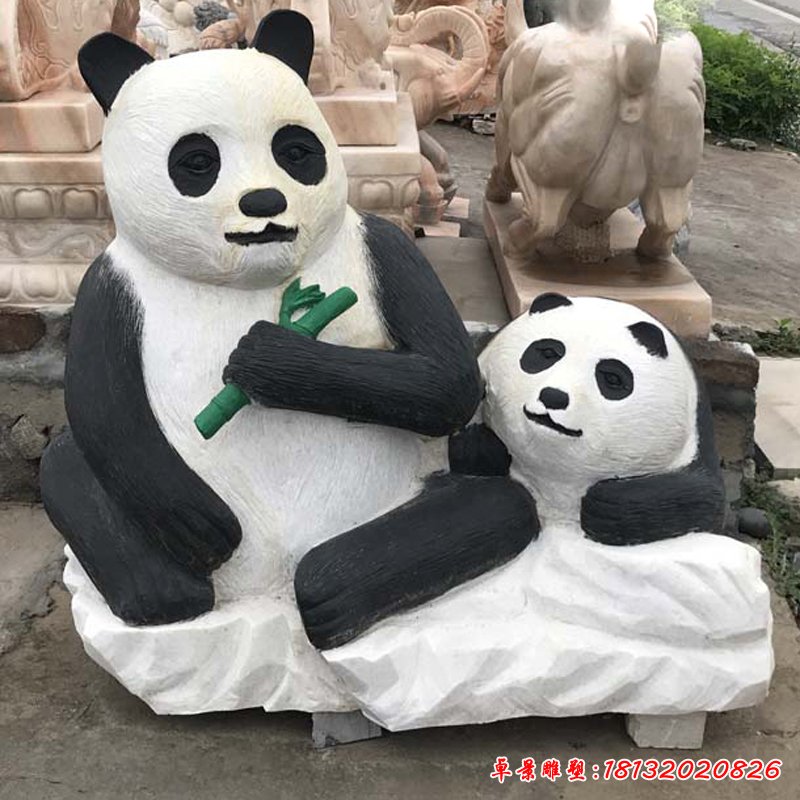 母子熊貓石雕，公園動物石雕